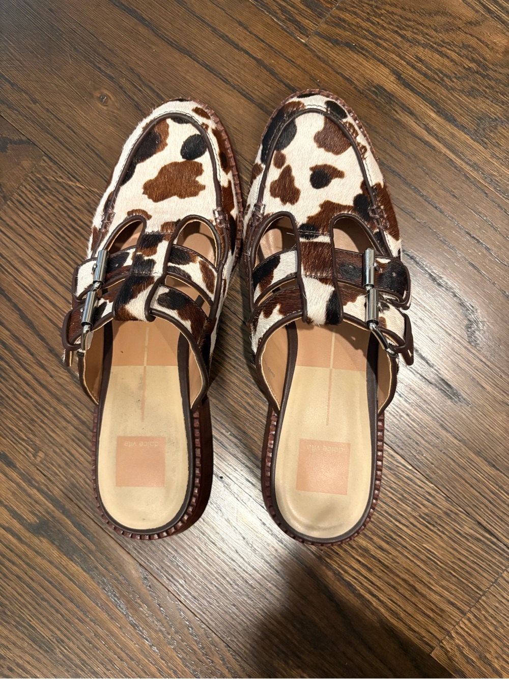 Dolce Vita Brown and White Cowhide Double-Buckle Mules - Picture 2 of 2